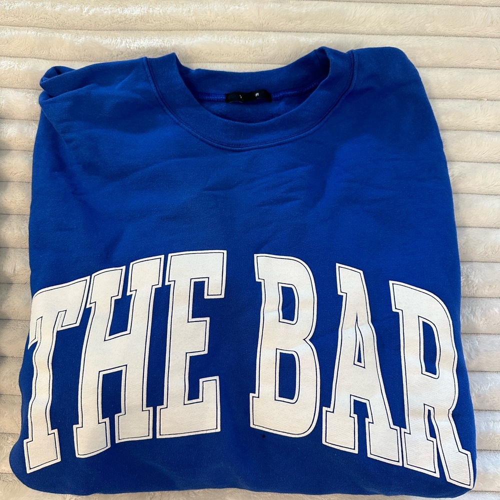 THE BAR oversized varsity blue sweatshirt with white text M